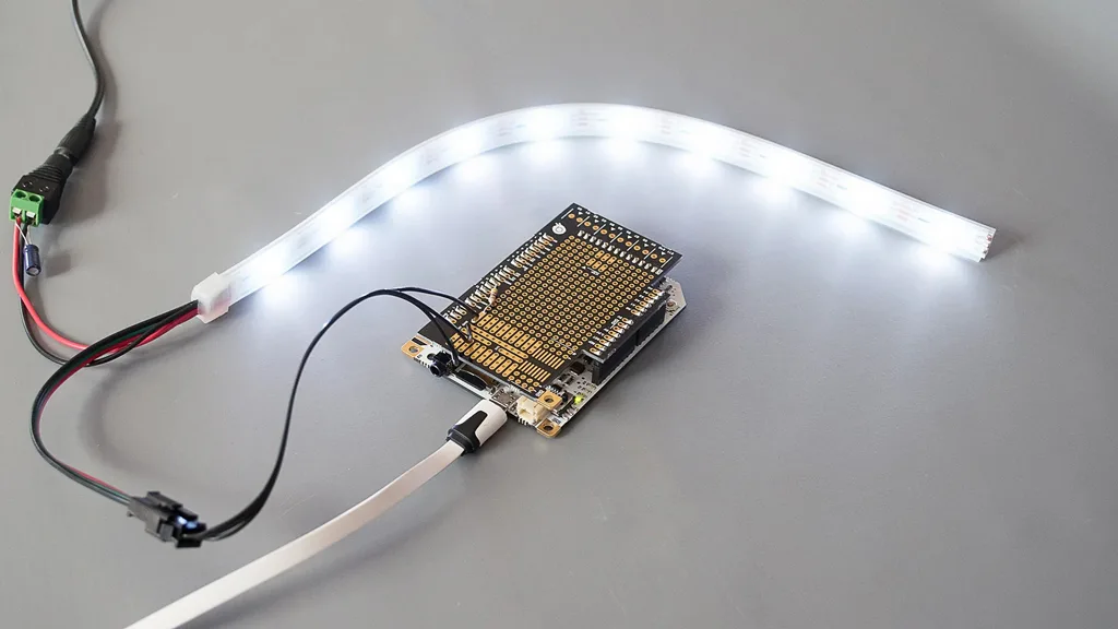 Using patch cords and breadboards connect led strip light