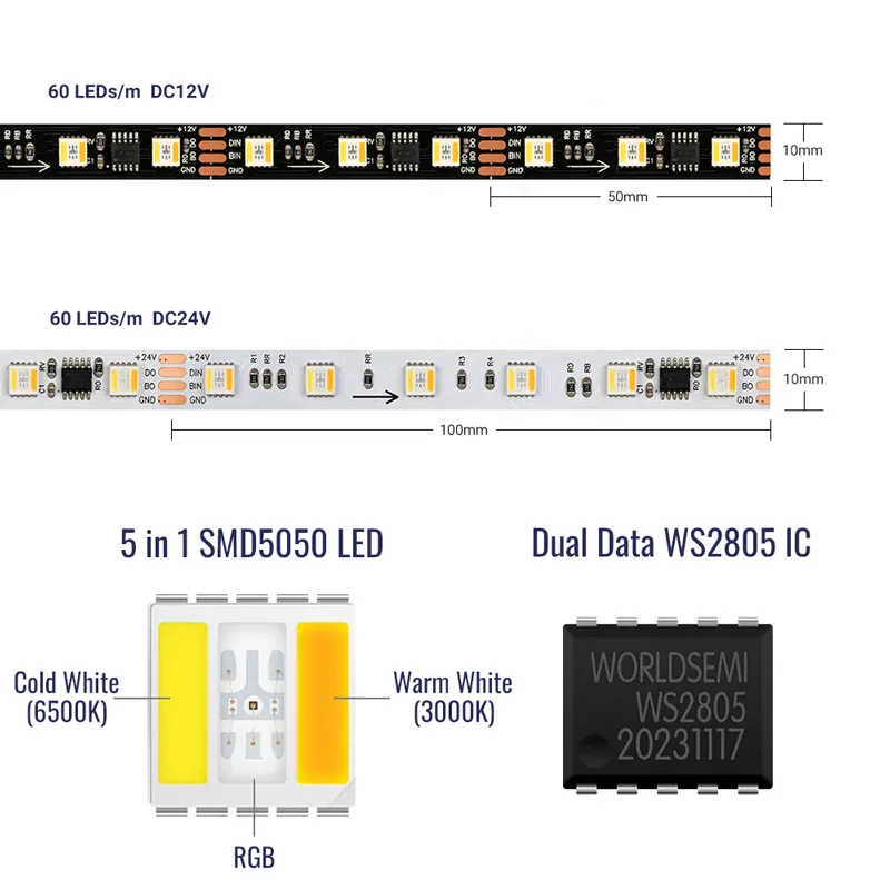 WS2805 Addressable Dual Signal Pixels LED Strip Light 5-in-1 RGBCCT 3000K-6500K 60 LEDs m_02